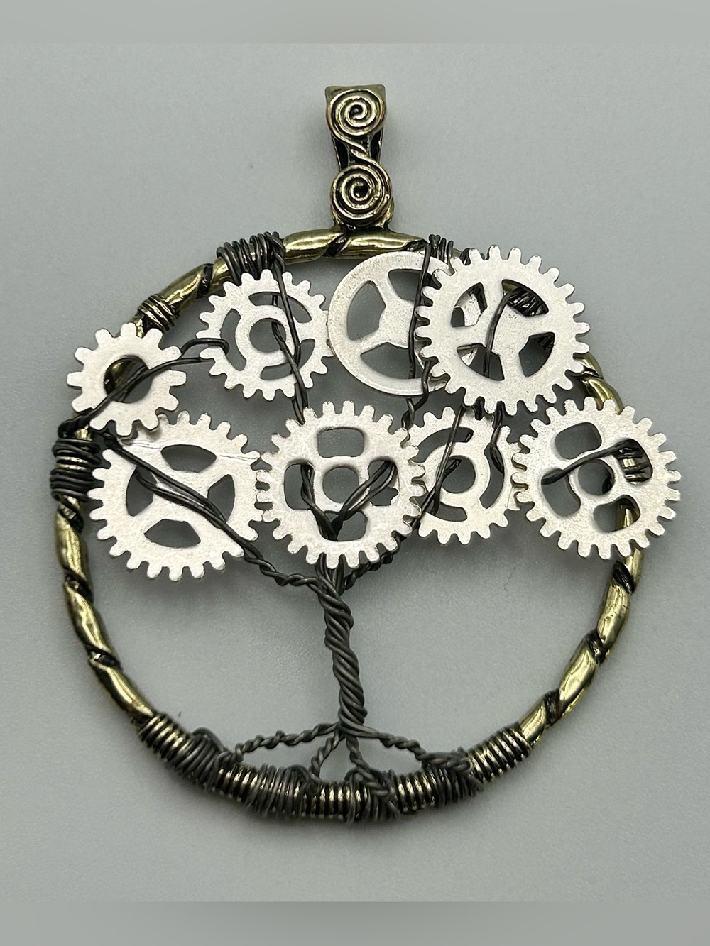 Large Steampunk Tree of Life Wire-Wrapped Gear Pendant, Silver and Gold Design